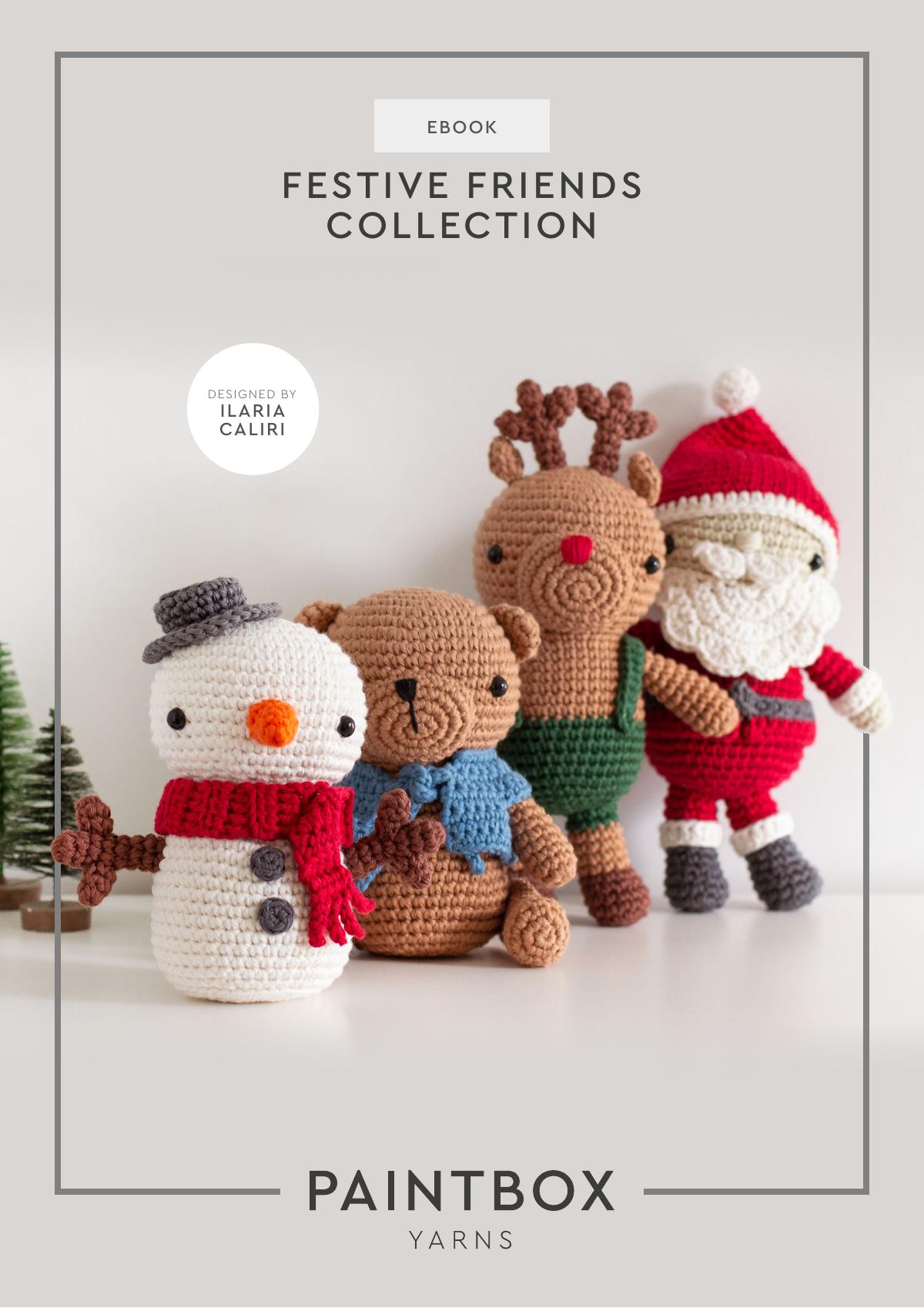 A crochet pattern collection for Christmas toys, including a teddy bear, snowman, reindeer, and Santa Claus.