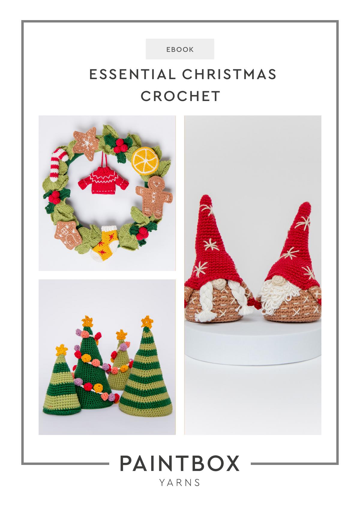 Essential Christmas Crochet ebook cover showing crocheted Christmas trees, a wreath, and gnomes