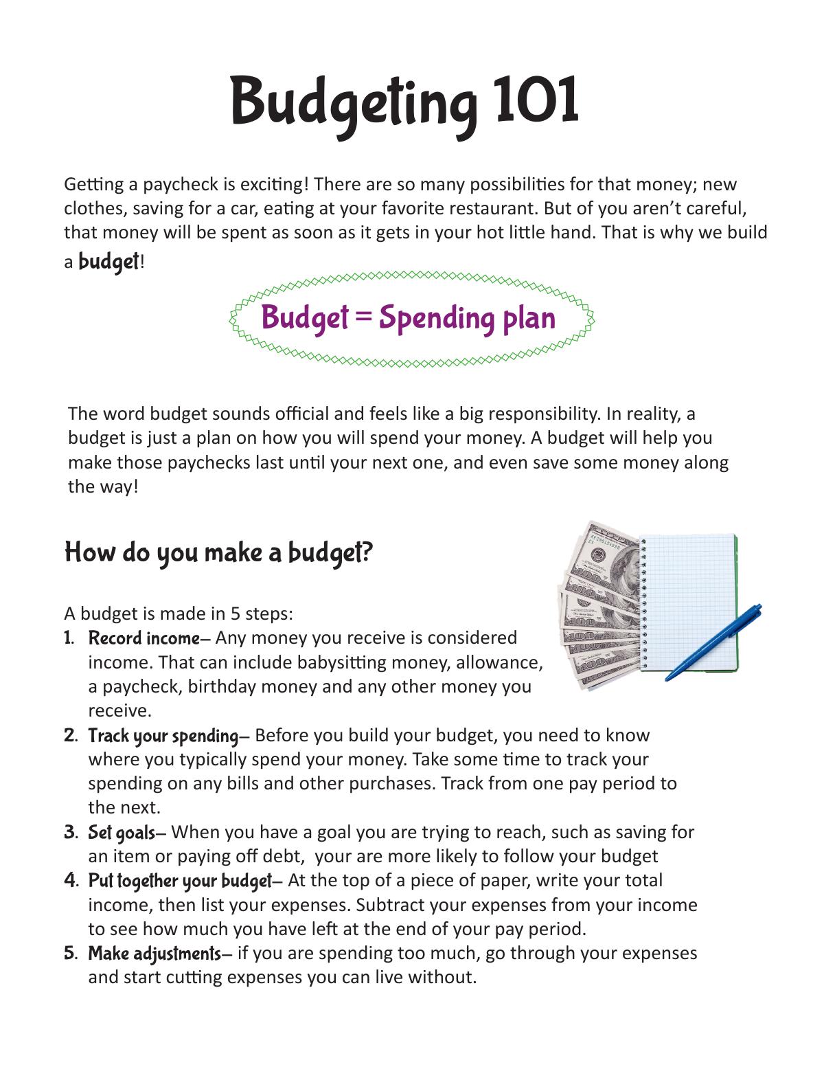 Budgeting student worksheet printable PDF cover