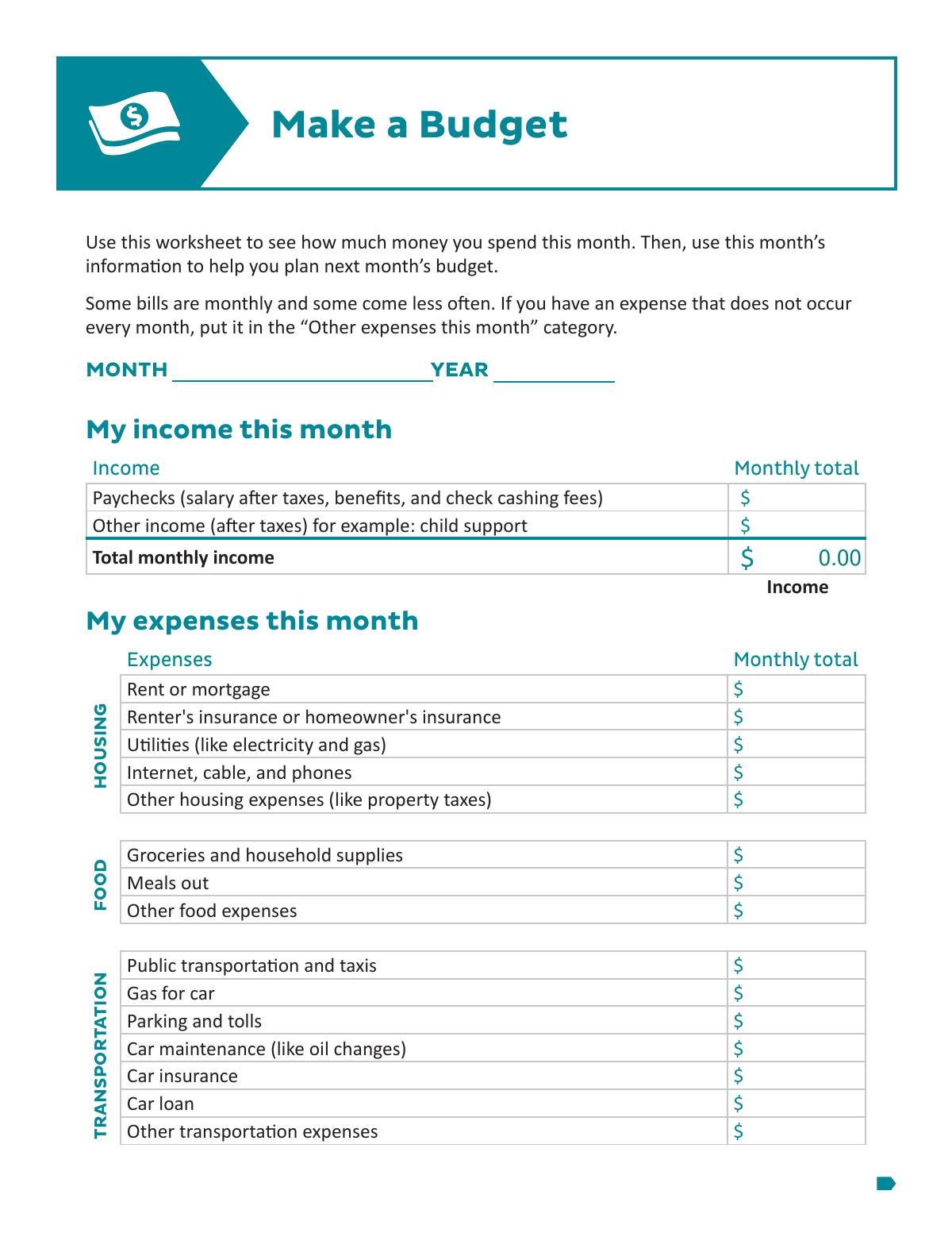 A printable budget worksheet with sections for income and expenses on A4 paper.