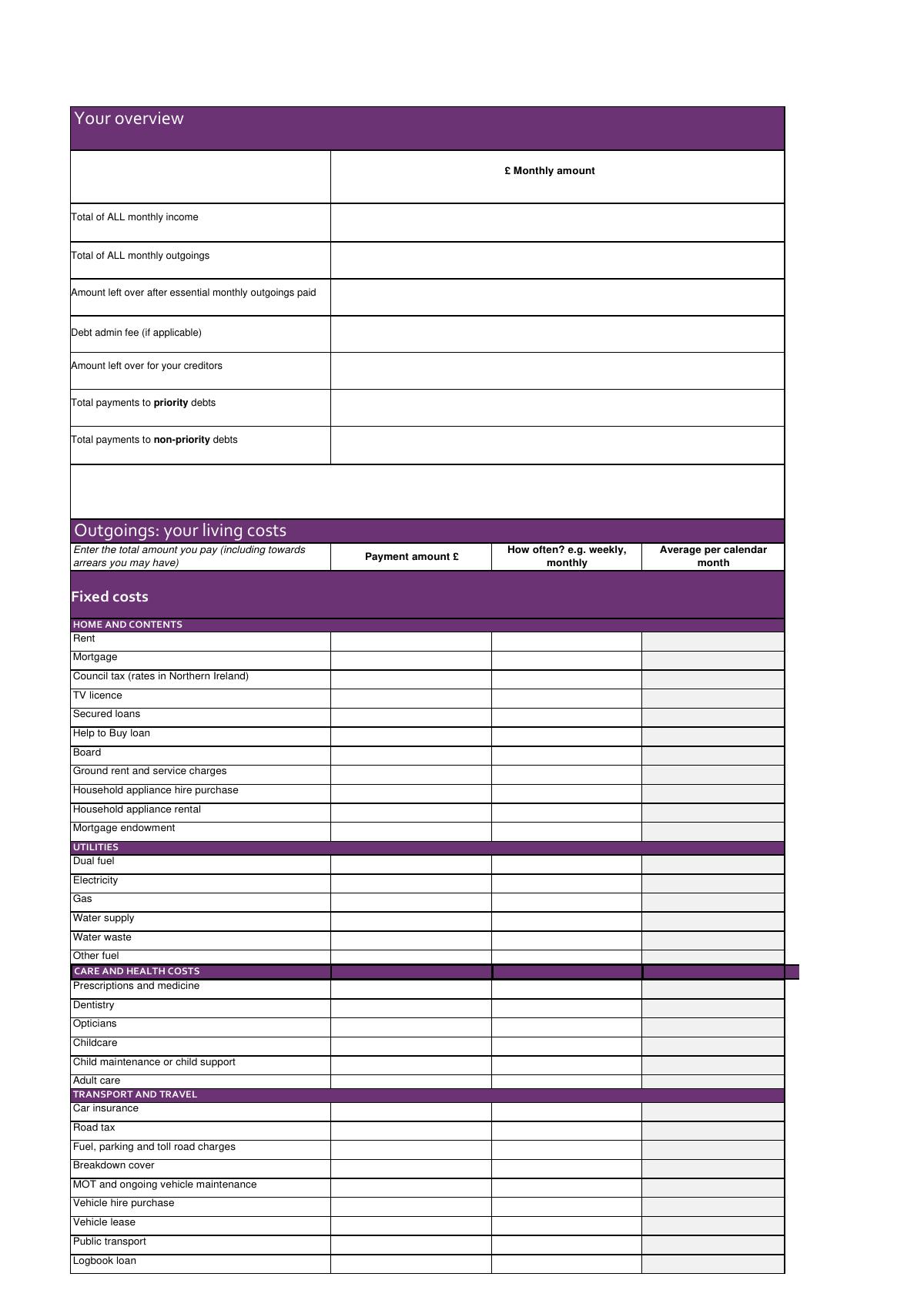 Budget planner printable PDF on A4 paper with sections for income, debts, and assets