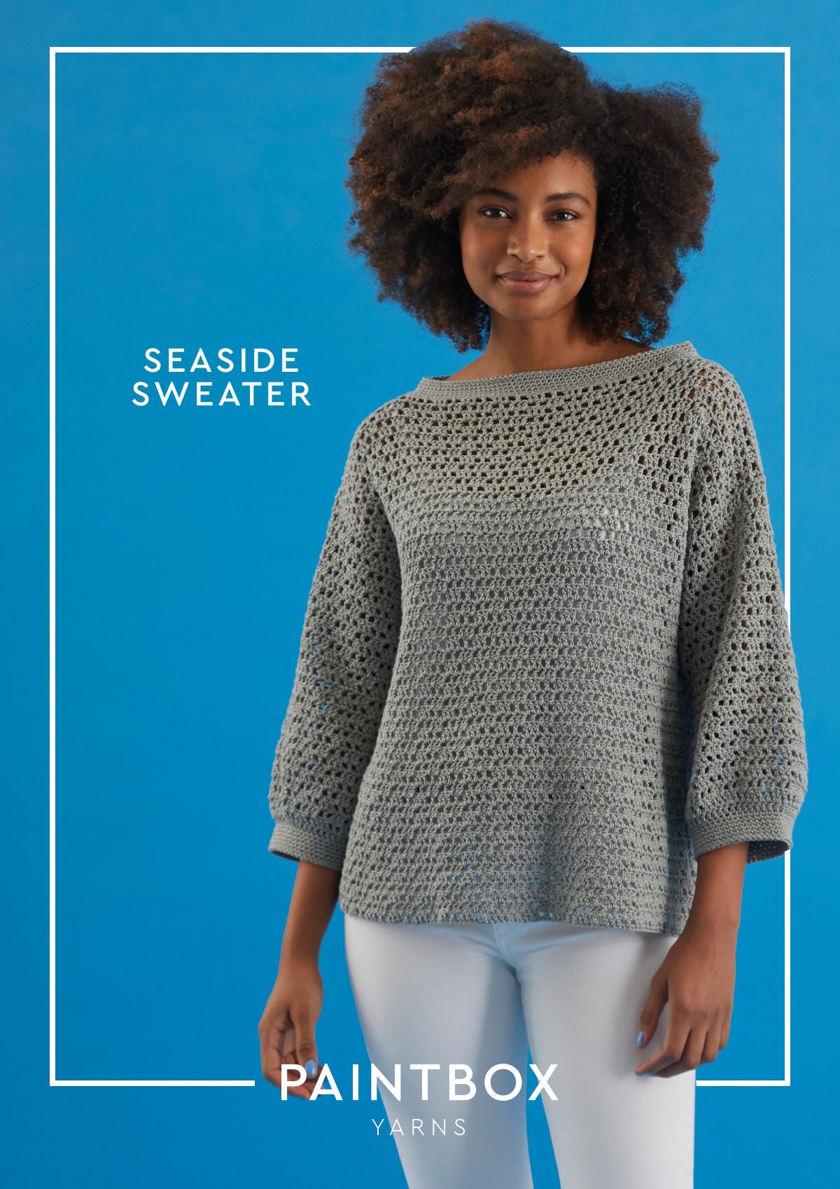 Seaside Sweater crochet pattern cover showing a women's jumper