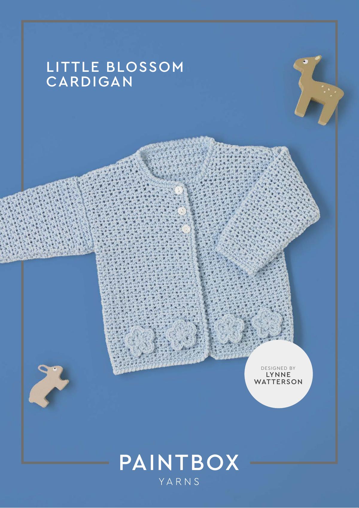 Little Blossom Cardigan crochet pattern PDF cover showing a baby cardigan with flower details