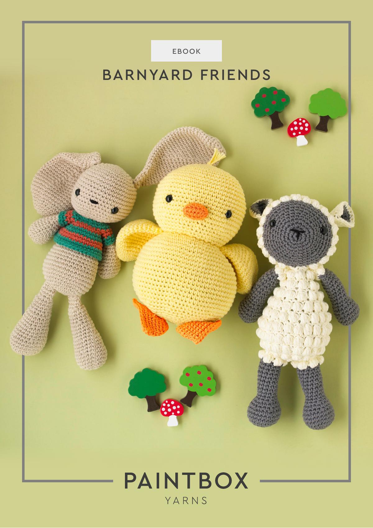 Crochet pattern ebook cover for Barnyard Friends, showing three toy animals: a chick, a sheep, and a bunny.