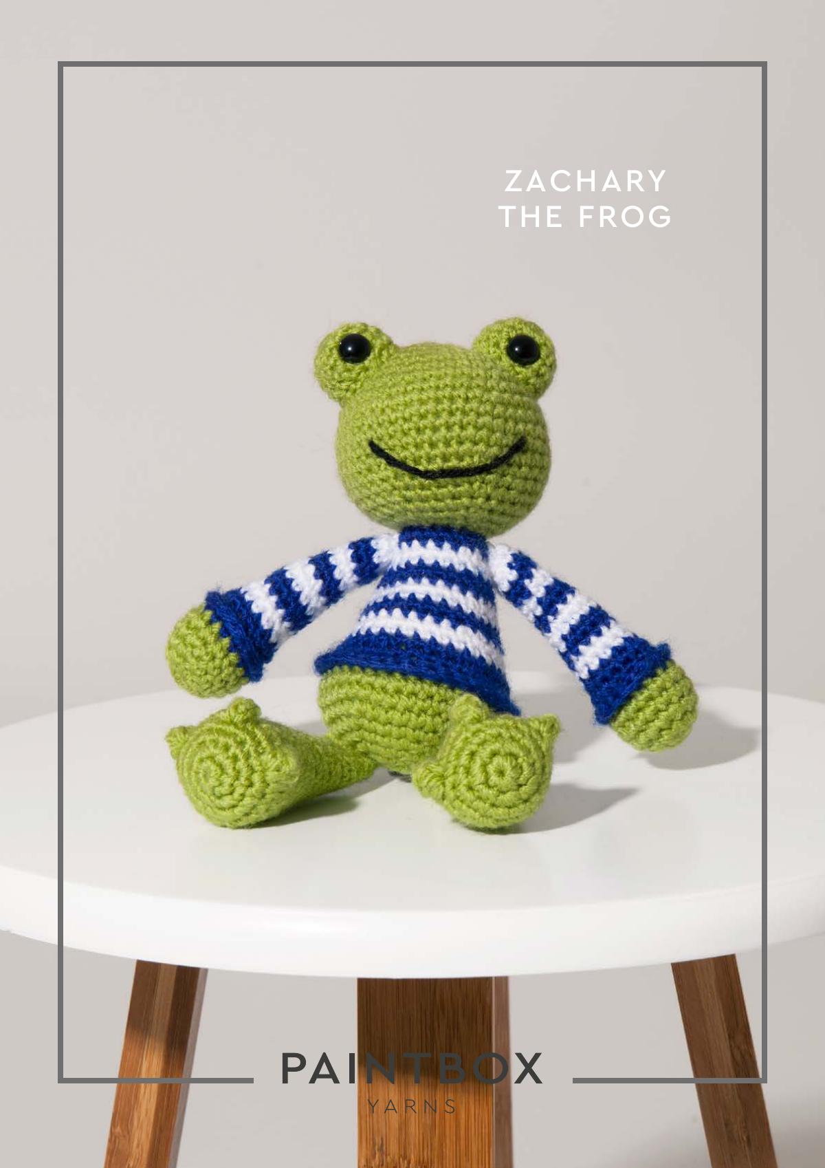 Zachary the Frog crochet pattern PDF cover showing the finished toy