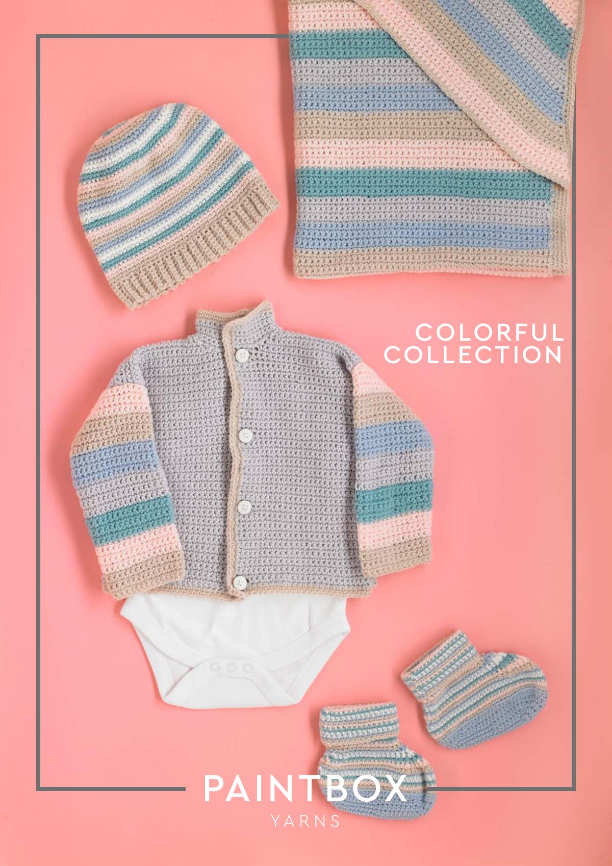 Crochet pattern for a baby blanket, hat, jacket, and bootees in Paintbox Yarns Baby DK.