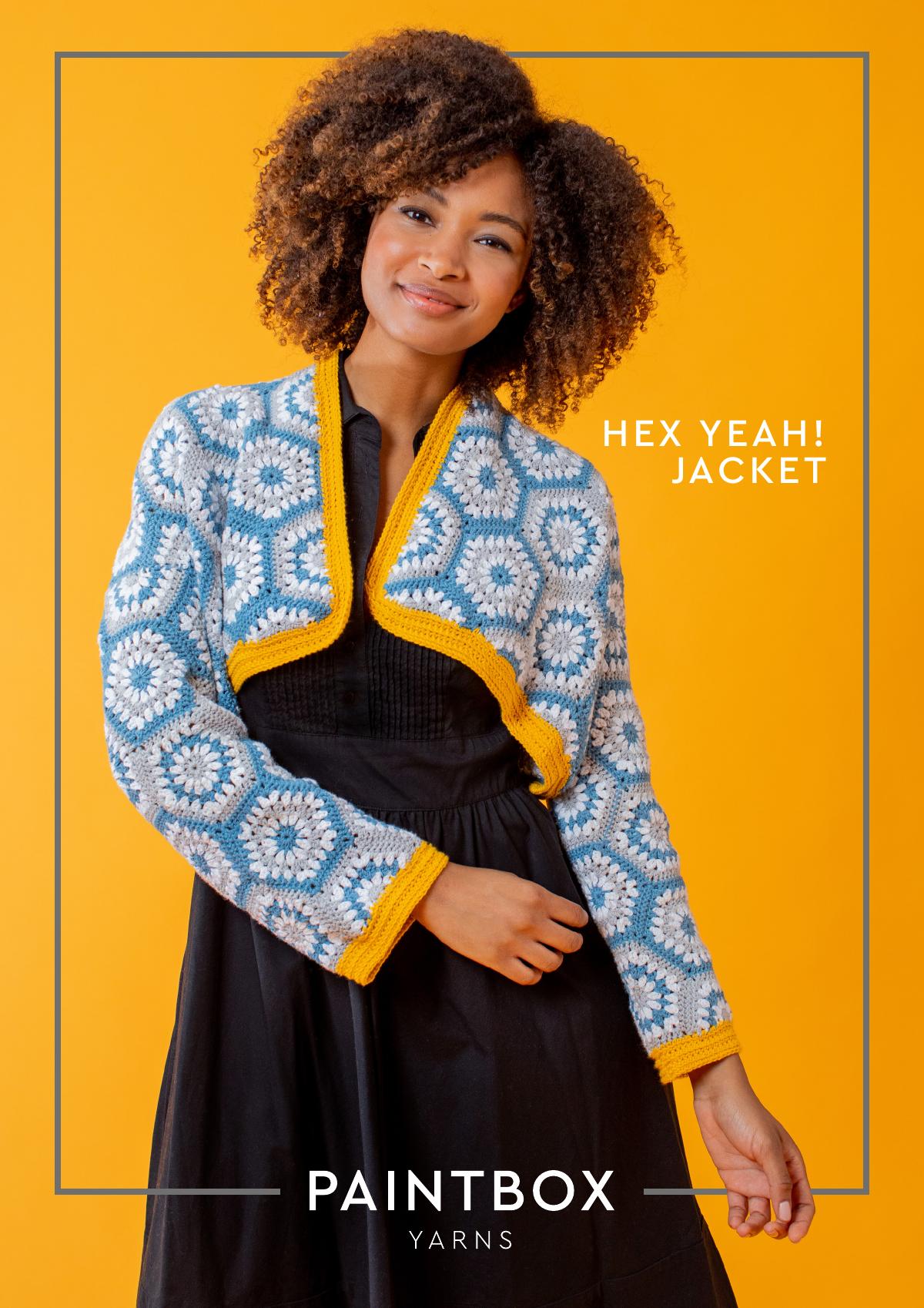 Crochet jacket pattern PDF showing the Hex Yeah! Jacket in Paintbox Yarns Cotton DK