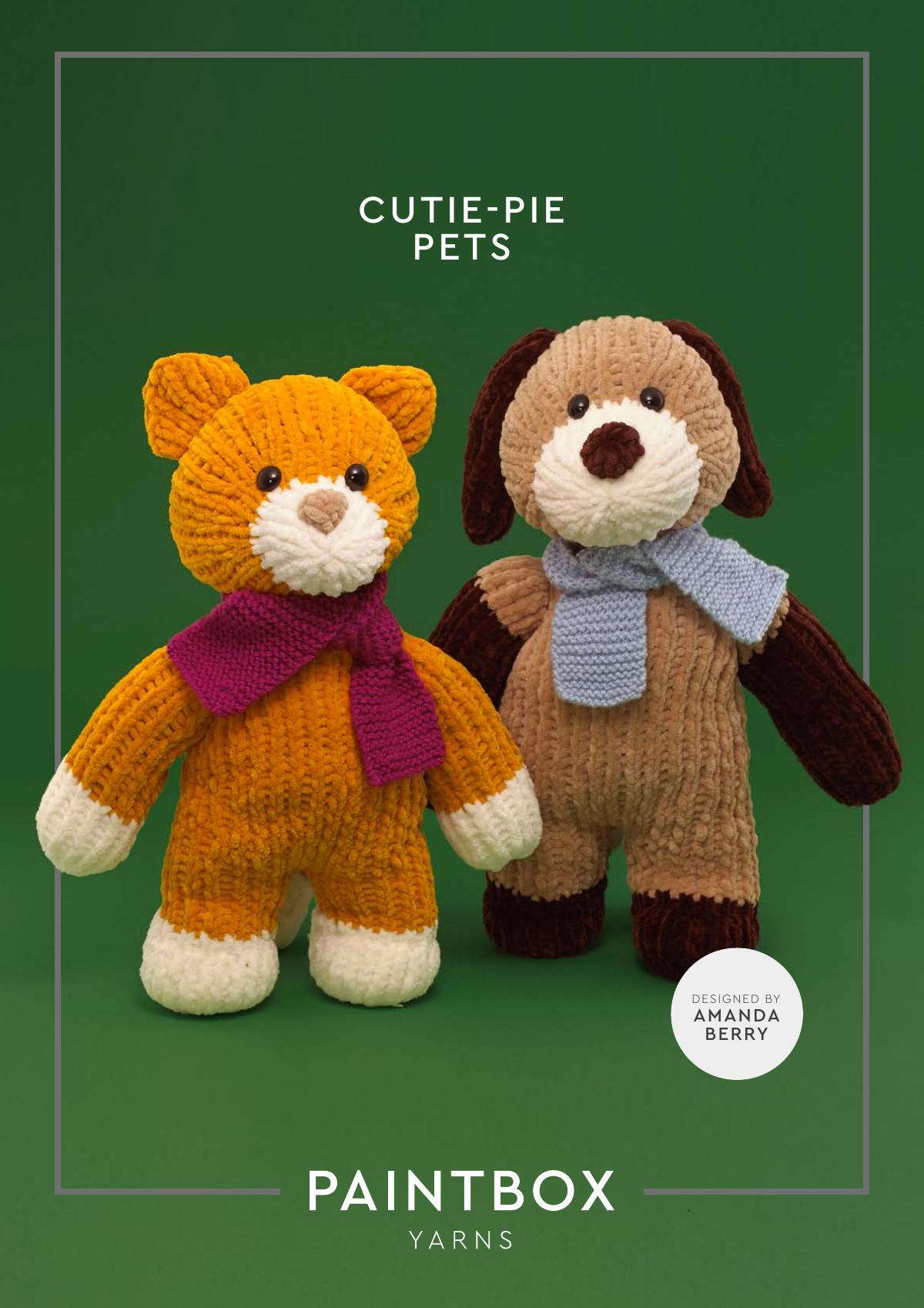 A knitted kitten and puppy toy pattern cover showing the finished stuffed animals.