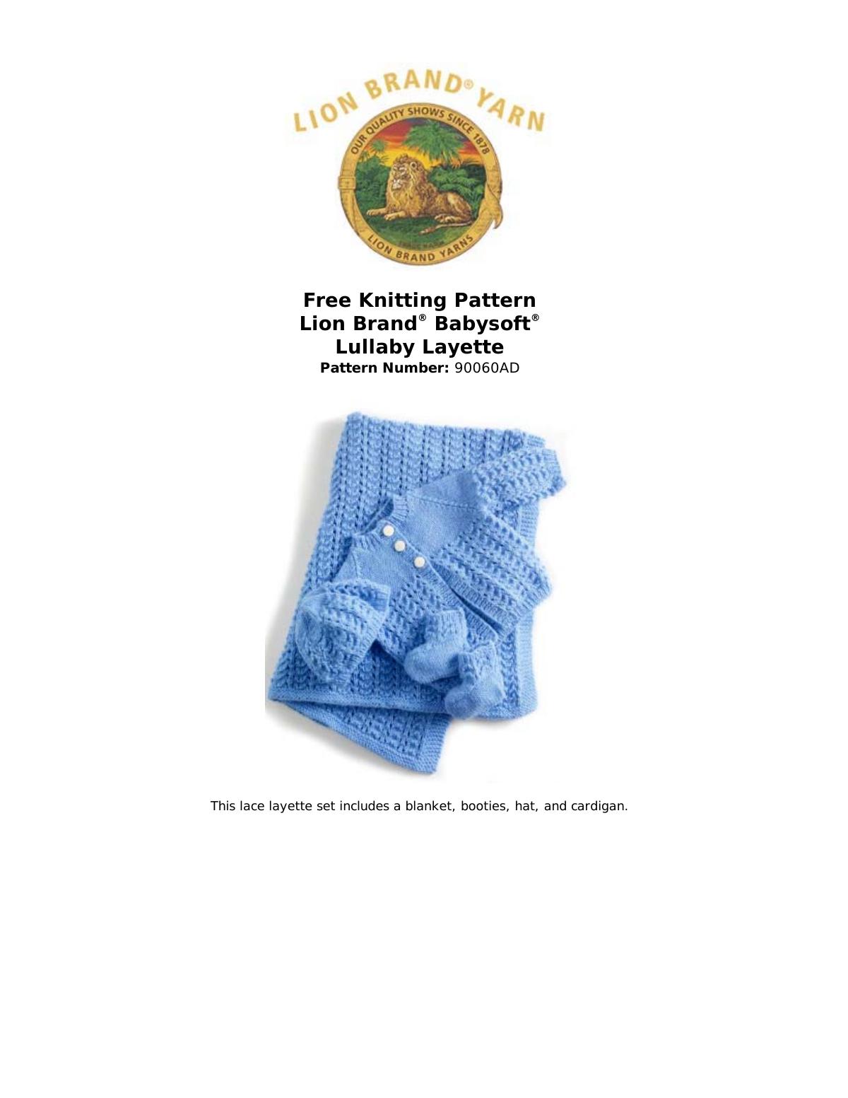 Lullaby Layette knitting pattern PDF cover showing the baby layette set