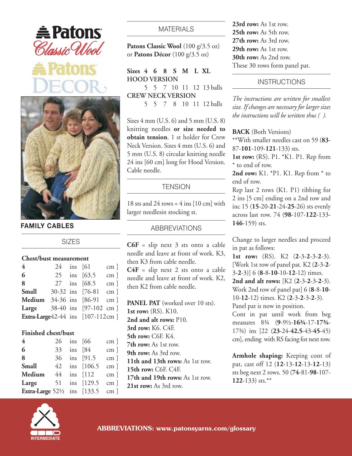 Knitting pattern for Family Cables sweater and hat in Patons Classic Wool Worsted