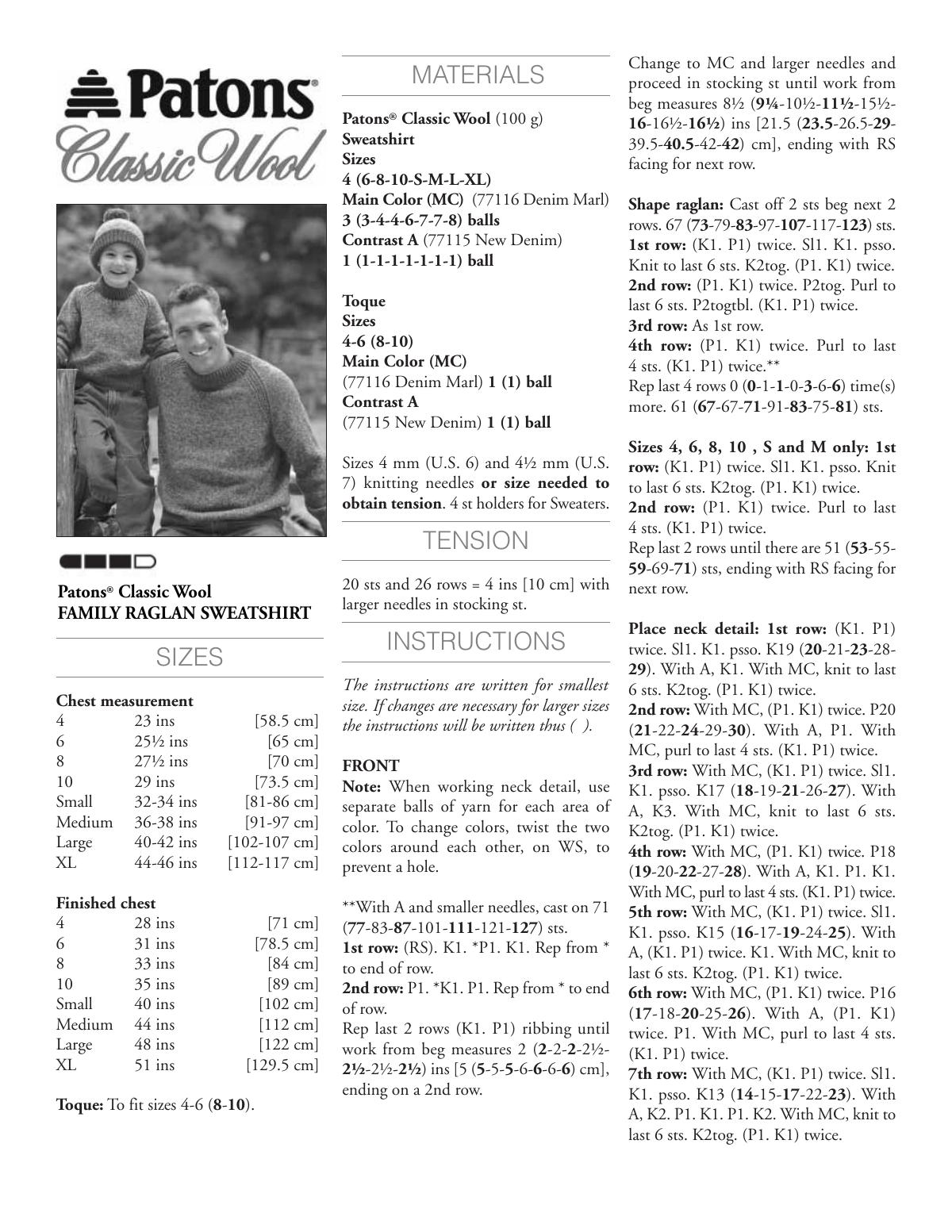 Free knitting pattern PDF for a family raglan sweatshirt in Patons Classic Wool worsted