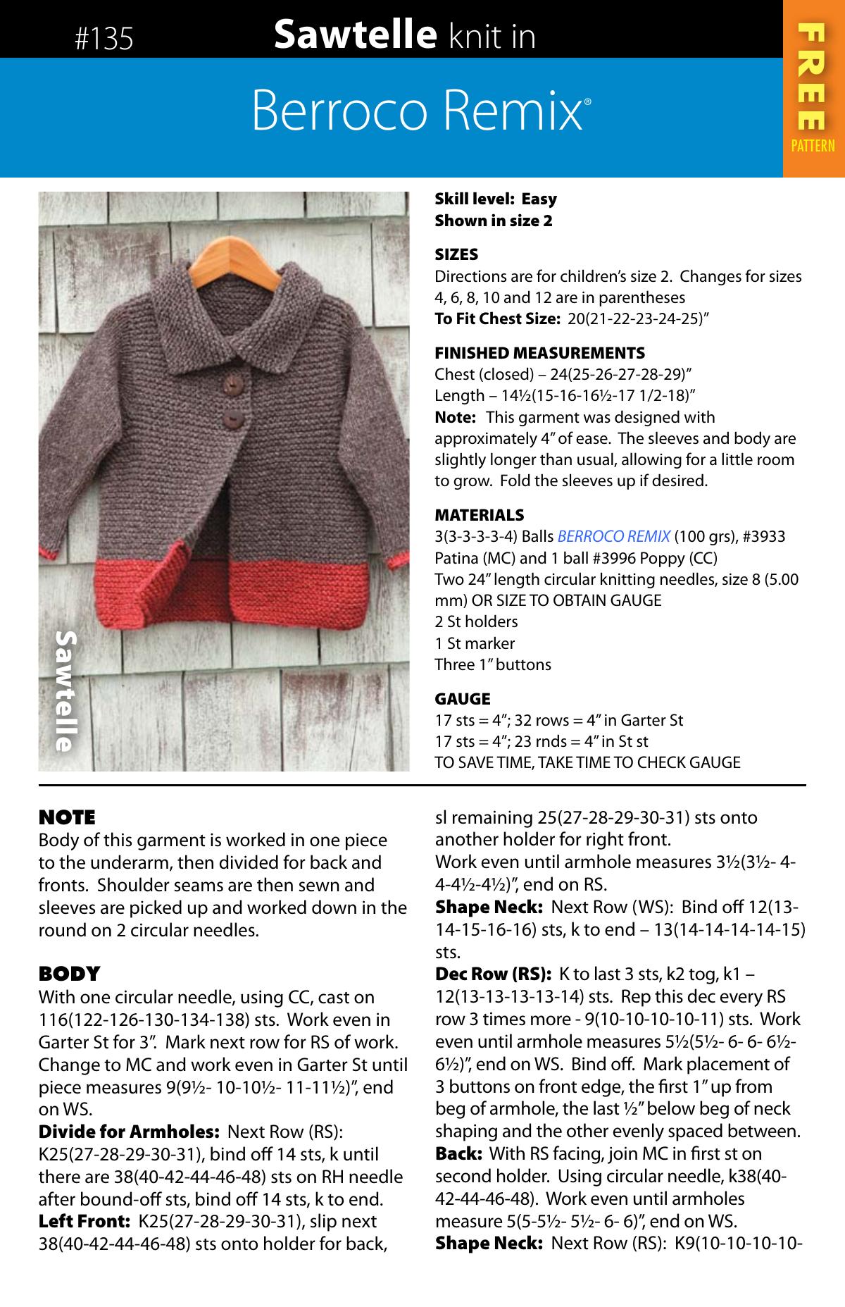 Sawtelle Cardigan knitting pattern cover showing a baby cardigan in two colors