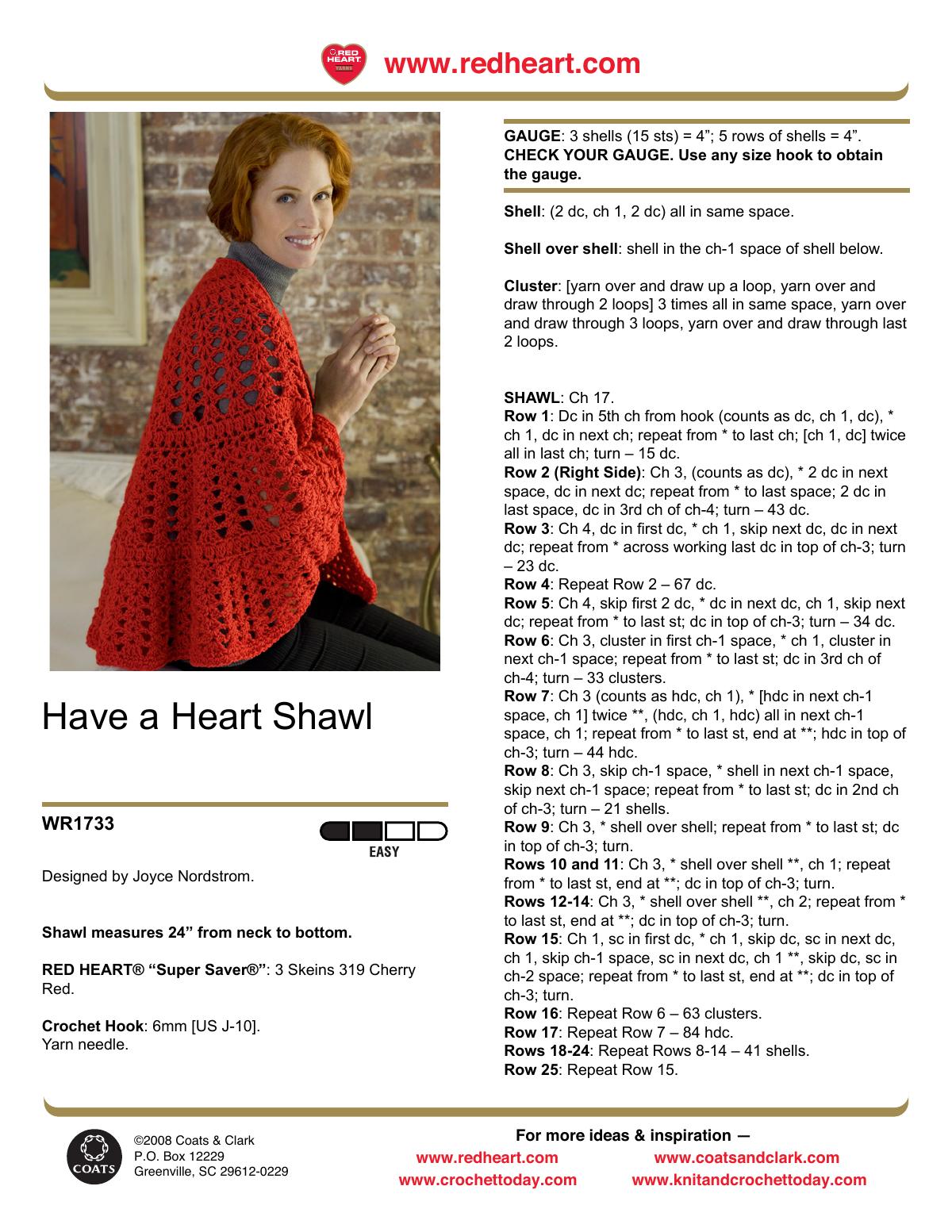 Have a Heart Shawl crochet pattern PDF cover showing a shawl with heart-shaped shells