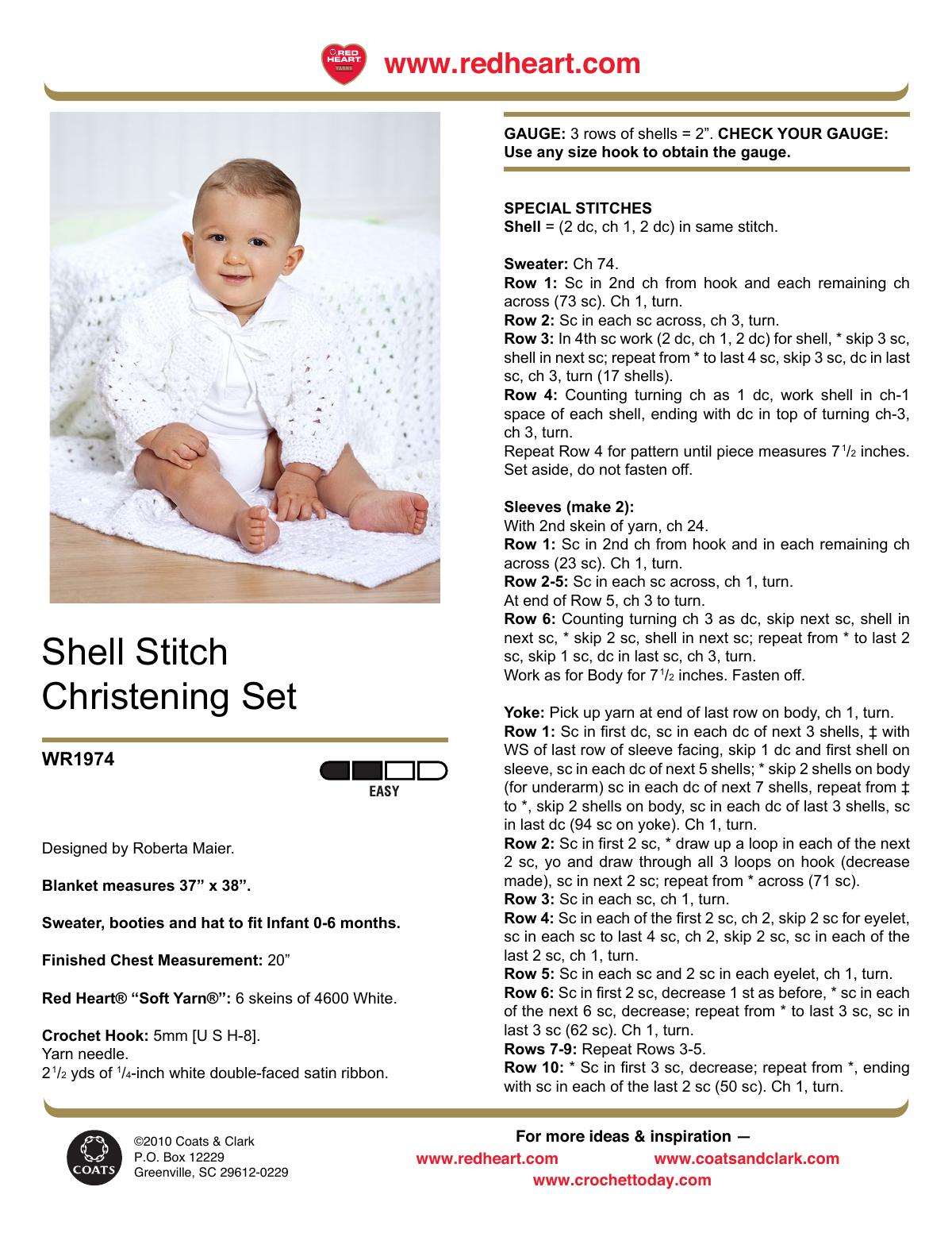 Cover of the Shell Stitch Christening Set crochet pattern PDF showing the blanket, sweater, booties, and hat in white yarn.