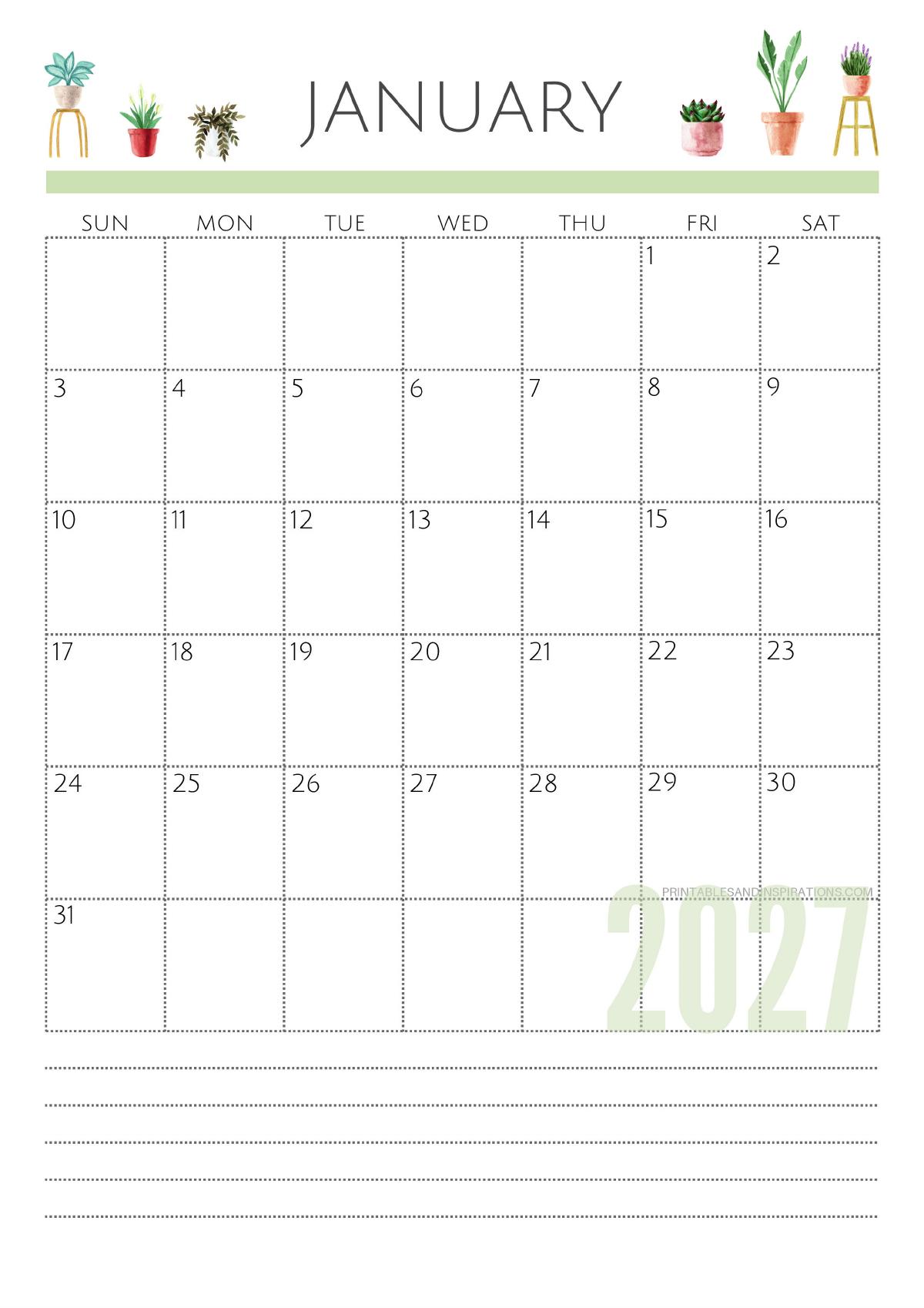 2027 Sunday start plant calendar in A4 size