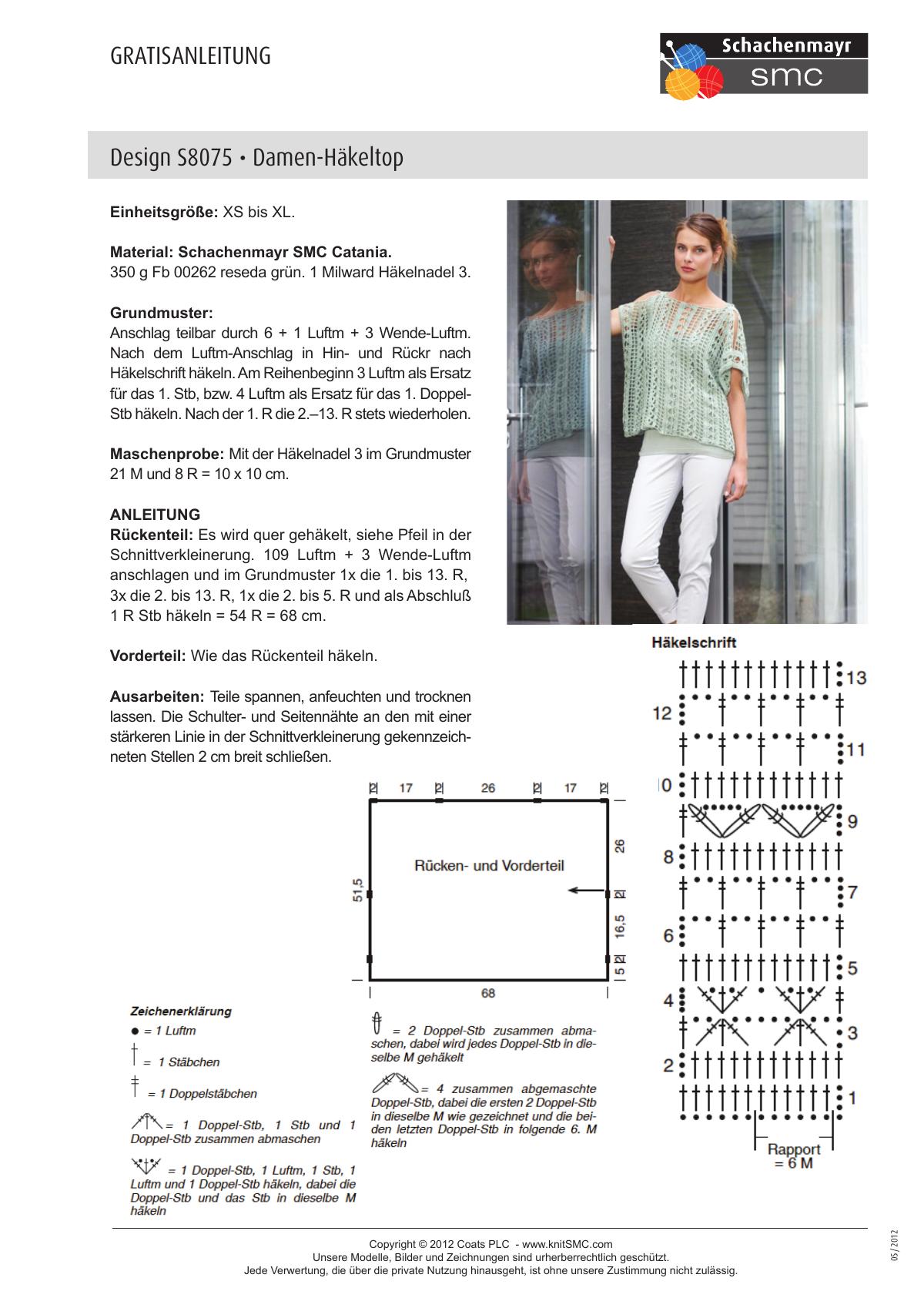 Crochet top pattern PDF showing a schematic and instructions for sizes XS to XL