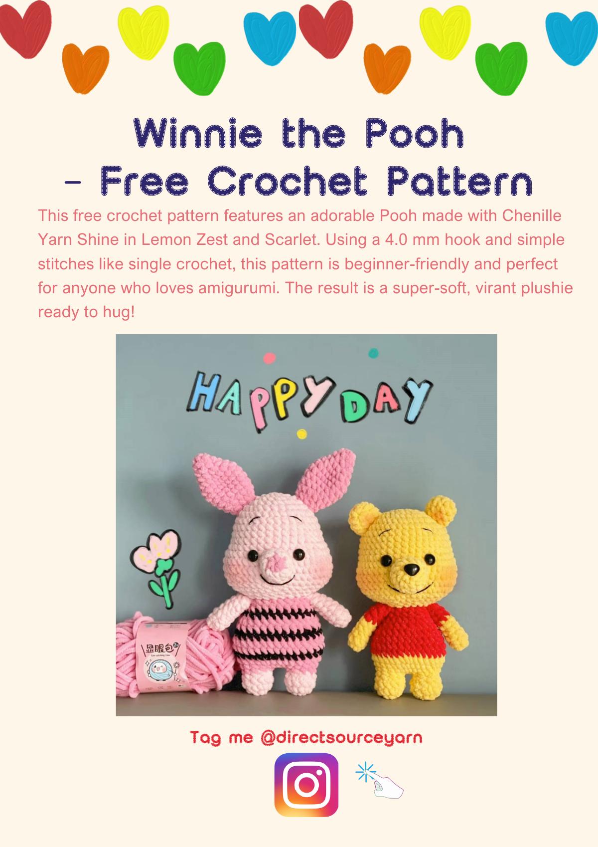 Winnie the Pooh crochet pattern PDF cover showing the finished amigurumi character
