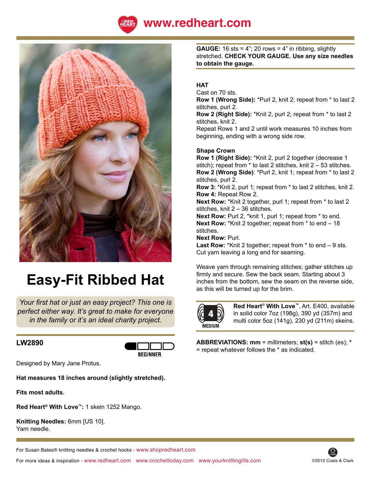 Printable knitting pattern for a ribbed hat with gauge and row-by-row instructions