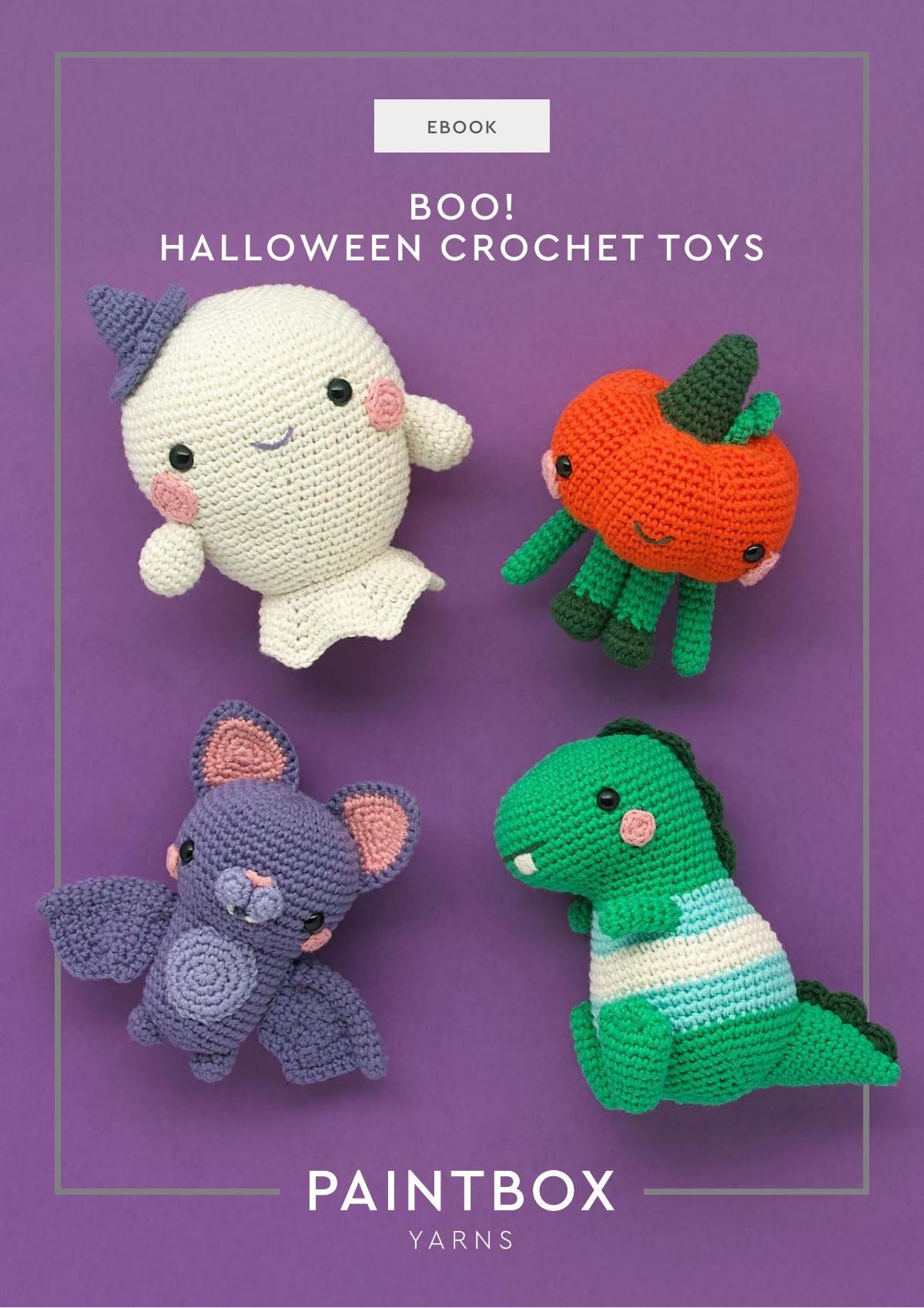 Halloween Crochet Toy Collection Ebook cover featuring crochet toys Boo, Oscar, Pips, and Bernard.